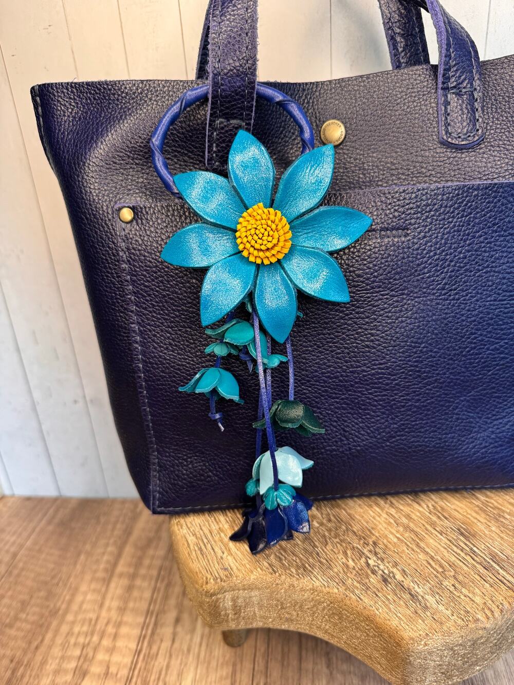 Leather Purse Charm Blue Flower Charm Genuine Leather Daisy Bag Charm NEW!